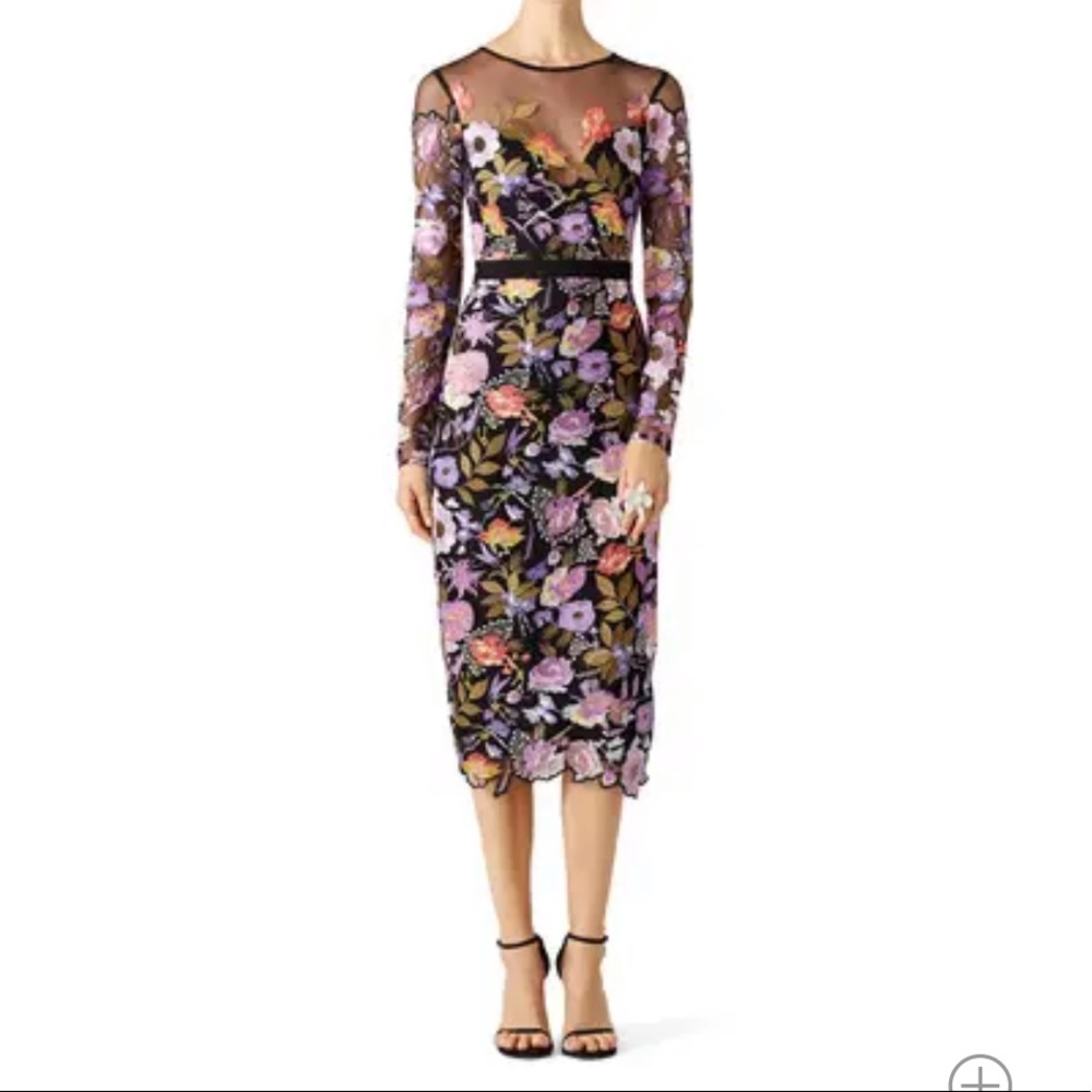 Nicole Miller Embroidered Floral Blossoms Black Mesh Midi Dress- Size 2